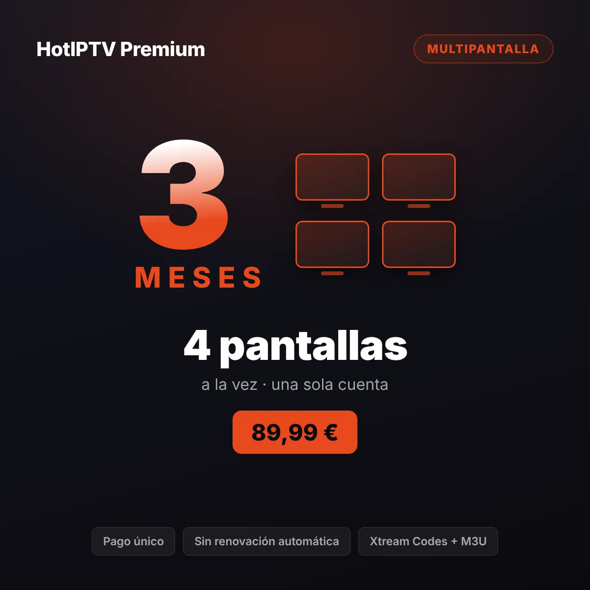 Suscripción IPTV 4 pantallas 3 meses: cuatro dispositivos de un piso compartido reproduciendo a la vez